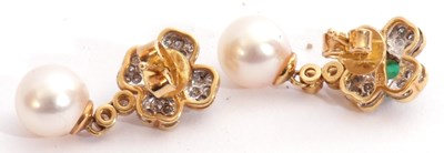 Lot 201 - Pair of diamond, emerald and cultured pearl...