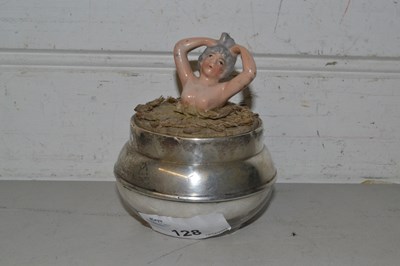 Lot 128 - Porcelain powder puff girl in silver mounted...