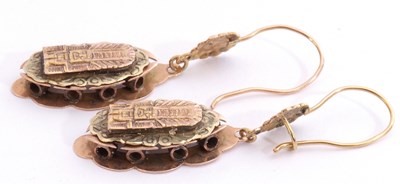 Lot 203 - Pair of two-tone coloured pendant earrings in...
