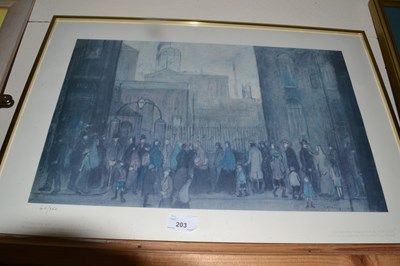 Lot 203 - After L S Lowry, Outside the Mill, coloured...