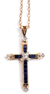 Lot 213 - 9ct gold sapphire and diamond cross pendant, 3....