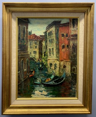 Lot 148 - Canal punting scene, possibly Venice, oil on...