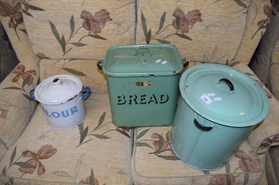 Lot 299 - Enamel bread bin, an enamel flour bin and one...