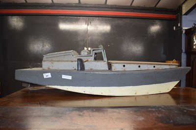 Lot 607 - Vintage wood and metal toy boat with engine,...
