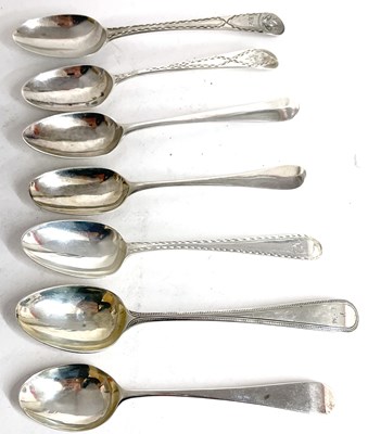 Lot 67 - A group of seven Georgian teaspoons, five base...