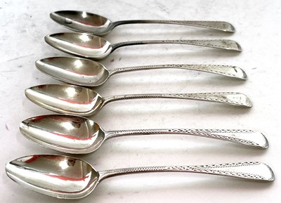 Lot 104 - Set of six Georgian silver Old English pattern...