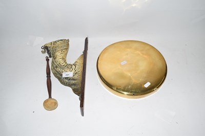 Lot 201 - Vintage brass mounted dinner gong, the support...