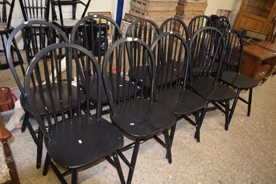 Lot 352 - Eleven black painted stick back kitchen chairs