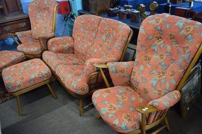 Lot 591 - Ercol stick back three piece suite together...