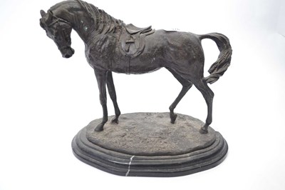 Lot 351 - Spelter model of a racehorse on oval base...