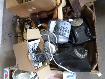 Lot 705 - One box of vintage telephones, carved ethnic...