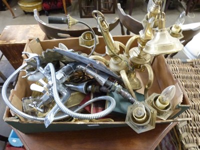 Lot 771 - Box of various brass light fittings, mixer tap...