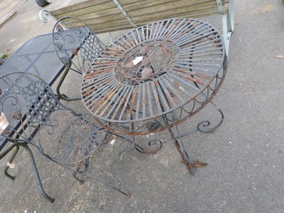 Lot 362 - Black finish iron garden table and two chairs