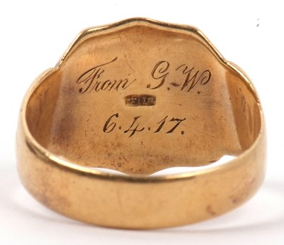 Lot 1 - Antique 18ct gold signet ring, the shield...