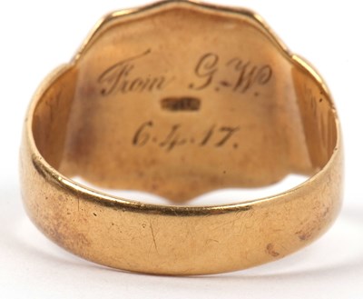 Lot 1 - Antique 18ct gold signet ring, the shield...