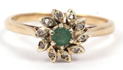 Lot 44 - 9ct gold emerald and diamond cluster ring, a...