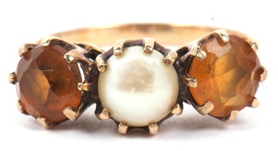 Lot 51 - 9ct gold citrine and pearl three stone ring...