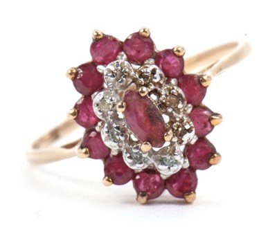 Lot 52 - Modern 9ct gold small ruby and diamond cluster...