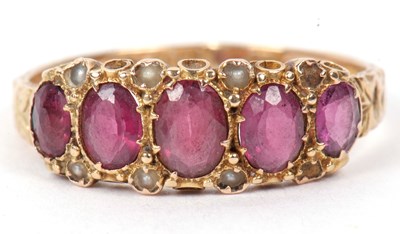 Lot 143 - A Victorian 15ct gold ruby and seed pearl ring...