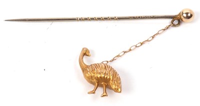 Lot 179 - An antique emu stick pin marked 9ct mounted on...