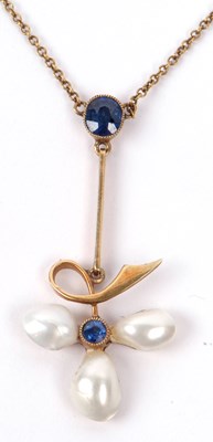 Lot 202 - A vintage sapphire and pearl pendant centering...