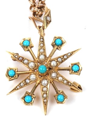 Lot 206 - A Edwardian 15ct turquoise and pearl starburst...