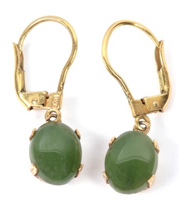 Lot 231 - A pair of modern jade set earrings, oval...