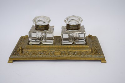 Lot 72 - Brass inkwell with two glass liners, 25cm long