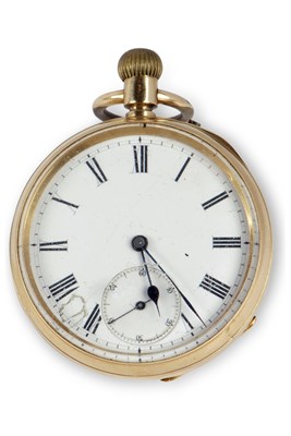 Lot 395 - Yellow metal open faced pocket watch stamped...