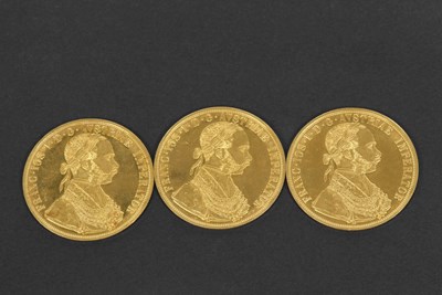 Lot 339 - A group of three Austrian gold 4 Ducat coins...