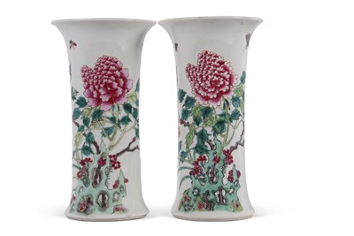 Lot 141 - A pair of Chinese porcelain cylindrical shaped...
