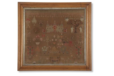 Lot 477 - A 19th Century needlework sampler decorated...
