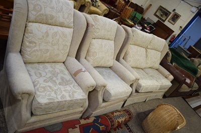 Lot 341 - BEIGE FLORAL UPHOLSTERED TWO-SEATER SOFA AND...