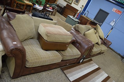 Lot 344 - PAIR OF BROWN LEATHER AND FABRIC THREE SEATER...
