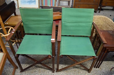 Lot 372 - PAIR OF HARDWOOD FRAMED AND GREEN FABRIC...