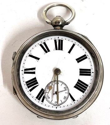 Lot 293 - A silver pocket watch with white enamel dial...