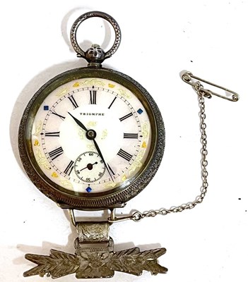 Lot 294 - White metal pocket watch with pin brooch, the...