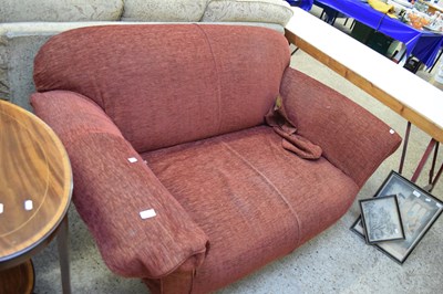 Lot 395 - RED TWO-SEATER SOFA RAISED ON TURNED LEGS