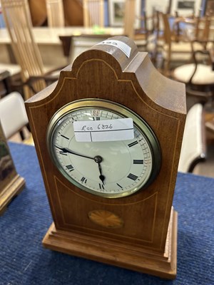 Lot 423 - Edwardian mantel clock with shell inlay, white...