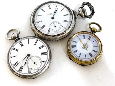 Lot 309 - Three pocket watches, the first is a metal...