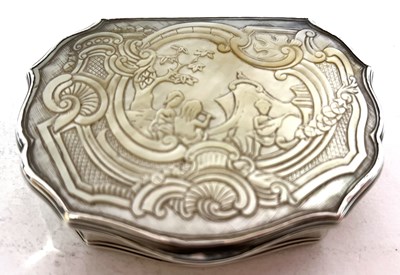 Lot 104 - A white metal and mother of pearl hinged box,...