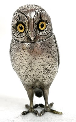 Lot 120 - An antique silver plated owl pepper...