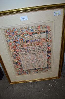 Lot 723 - Presentation Certificate presented to Bro. W R...