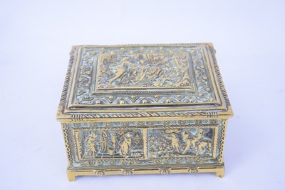 Lot 159 - Wooden box with brass covering modelled in...