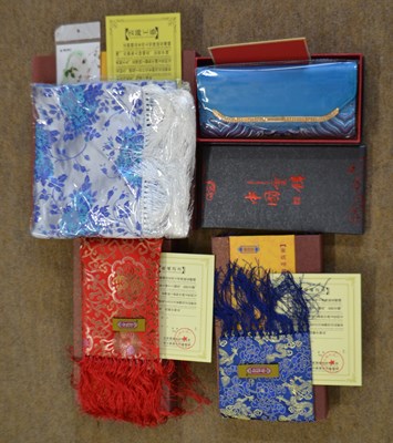 Lot 96 - Three Chinese Yun Brocade silk scarves, in...