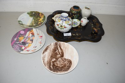 Lot 21 - Small lacquered tray and various vases and...