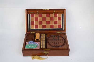 Lot 213 - Wooden box containing games compendium, dice,...