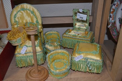 Lot 558 - Dolls dressing table set in yellow satin with...