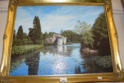 Lot 695 - Castle on a river, oil on canvas, gilt frame