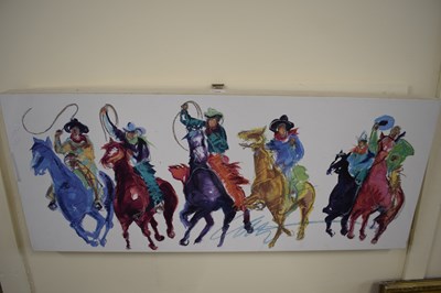 Lot 696 - Contemporary print of six cowboys on horseback,...